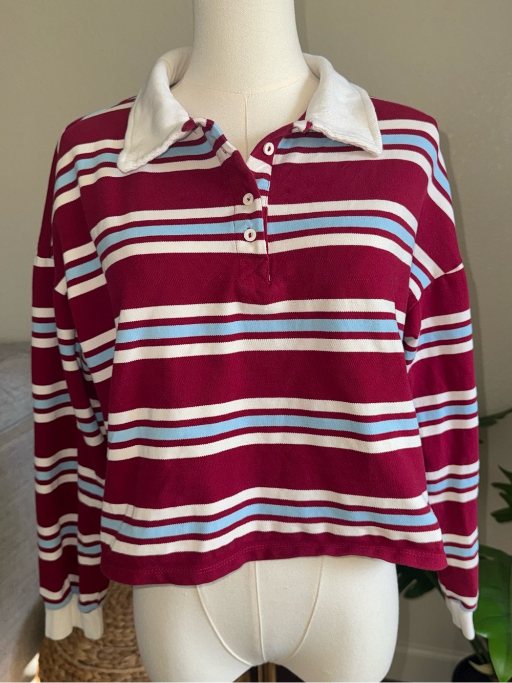 Women’s Medium Rugby Polo Crop Top Striped Long Sleeve Preppy Red Blue M Y2K